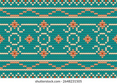 Colorful seamless knitting pattern with floral and ornamental motifs in teal, peach, and cream tones. Perfect for cozy textiles, boho crafts, fashion fabrics, holiday designs, and digital backgrounds.