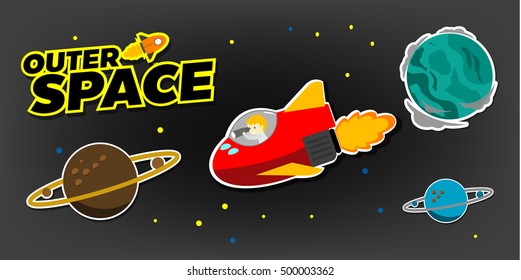 Colorful seamless landscape with outer space adventure. Vector background - rockets, stars and planets. Cartoon design for kids. It can be used for create videos or web graphics, user interface.
