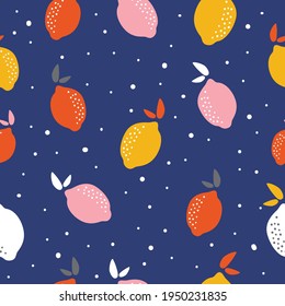 Colorful seamless lemon pattern on blue background