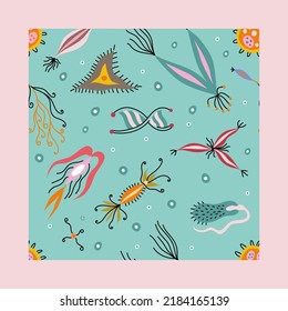 Colorful seamless medical doodle pattern with cute bacterias, dna and infusoria shoe
