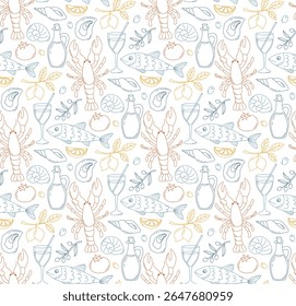Colorful seamless Mediterranean background with doodle style elements. Italian summer pattern with seafood, lobsters, olive oil, shells, olives, lemons, tomato, drink