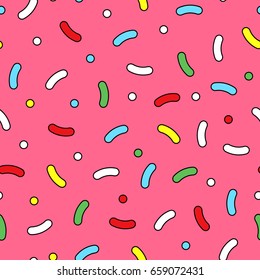 Colorful seamless memphis pattern with mosaic curves and dots. Fashion funky background 80-90s.