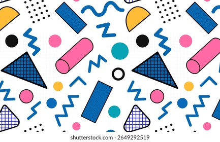 Colorful seamless Memphis vector pattern with hand-drawn pink, lavender, turquoise and yellow geometric shapes on white and transparent backgrounds, retro abstract background inspired by 1980s design