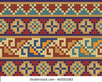 Farbenfrohe nahtlose Mosaik-Umrandung mit traditionellem volkstümlichen geometrischen Ornament. Mosaikschablone. Jedes Element wird isoliert und bearbeitet. Vektorgrafik 10 EPS. 