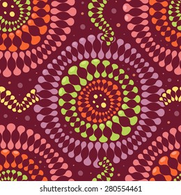 Colorful Seamless Mosaic Pattern for Textile Design. Rounded Shapes in Marsala Colors. Psychedelic Vector Background