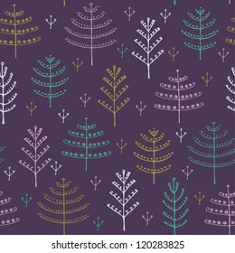 Colorful seamless ornamental forest pattern with fir trees. Decorative endless texture. Template for design and decoration