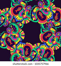 Colorful seamless ornamental psychedelyc pattern. Underwater, sea life background. Vector illustration. 