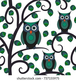 Colorful seamless owl pattern. Ornament with birds, trees. Vector illustration.