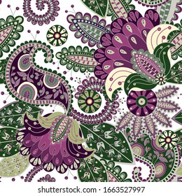 Colorful seamless Paisley pattern. Floral indian wallpaper. Decorative flowers, plants. Vector clipart. Indonesian batik. Asian floral background. Design for textile, cover, backdrop, wrapping paper