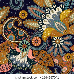 Colorful seamless Paisley pattern. Floral indian wallpaper. Decorative flowers, plants. Vector clipart. Indonesian batik. Asian floral background. Design for textile, cover, backdrop, wrapping paper