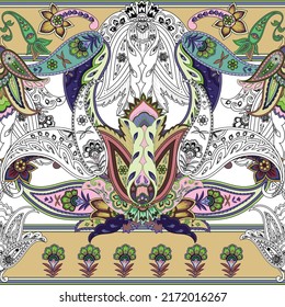 Colorful Seamless Paisley vector pattern. Decorative border for textile, wrapping, wallpaper. Bohemian boho. Decoration neckerchief, oriental neck print, floral chinese ornament, 