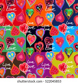Colorful seamless patchwork with hand drawn doodle hearts. Gypsy motifs. Retro textile collection. Multicolored.