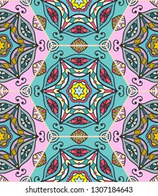 Colorful seamless patchwork pattern. Abstract hand drawn stylized floral doodle ornament, mandala elements. Tribal ethnic arabic, indian decor. Vector collage quilt pattern. Textile fabric paper print