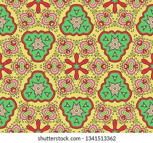 Colorful seamless patchwork pattern. Abstract hand drawn stylized floral doodle ornament, mandala elements. Tribal ethnic arabic, indian decor. Vector collage quilt pattern. Textile fabric paper print