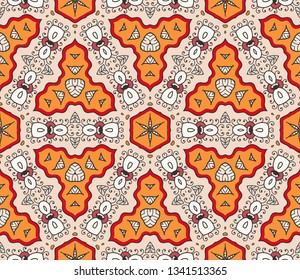 Colorful seamless patchwork pattern. Abstract hand drawn stylized floral doodle ornament, mandala elements. Tribal ethnic arabic, indian decor. Vector collage quilt pattern. Textile fabric paper print