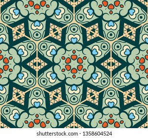 Colorful seamless patchwork pattern. Abstract hand drawn stylized floral doodle ornament, mandala elements. Tribal ethnic arabic, indian decor. Vector collage quilt pattern. Textile fabric paper print