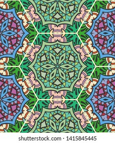 Colorful seamless patchwork pattern. Abstract hand drawn stylized floral doodle ornament, mandala elements. Tribal ethnic arabic, indian decor. Vector collage quilt pattern. Textile fabric paper print