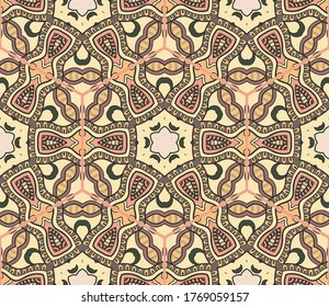 Colorful seamless patchwork pattern. Abstract hand drawn stylized floral doodle ornament, mandala elements. Tribal ethnic arabic, indian decor. Vector collage quilt pattern. Textile fabric paper print