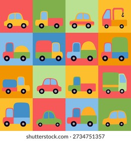 Colorful seamless patchwork pattern from bright squares with cars and trucks.