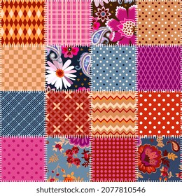 Colorful seamless patchwork pattern with flowers and geometric ornaments. Quilt design from sewn square patches. 