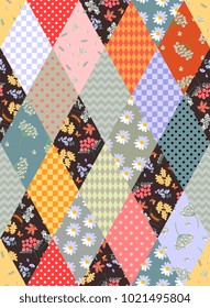 Colorful seamless patchwork pattern of rhombus patches with geometric and floral ornament. Beautiful vector illustration of quilt.