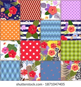 Colorful seamless patchwork pattern from stitched square patches with bright tropical flowers and geometric ornaments.