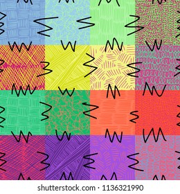 Colorful seamless patchwork pattern. Vector graphic background dotted, striped. Unusual textured ornament. For wallpaper, fabric print, furniture, table cloth.