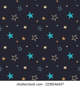 colorful seamless patter with doodle chaotic stars on dark background