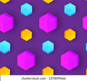 Colorful seamless pattern with 3D polyhedron. Trendy design. Vector