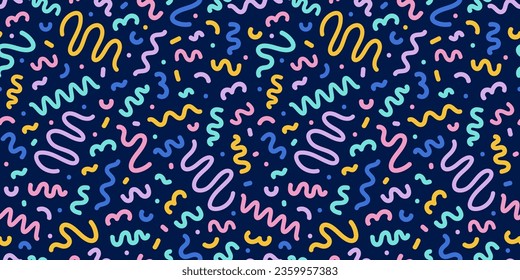 Colorful seamless pattern of the 80s 90s with geometric figures and doodles. Vector childrens background in Memphis style