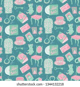 Colorful Seamless Pattern About Vintage And Thrift Shopping. Items Sold At Flea Markets And Garage Sales. Hand-drawn Cartoon Style. Pastel Colors. Use As Web Background, Print, Branding Element.