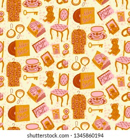 Colorful Seamless Pattern About Vintage And Thrift Shopping. Items Sold At Flea Markets And Garage Sales. Hand-drawn Cartoon Style. Warm Colors. Use As Web Background, Fabric Print, Branding Element.