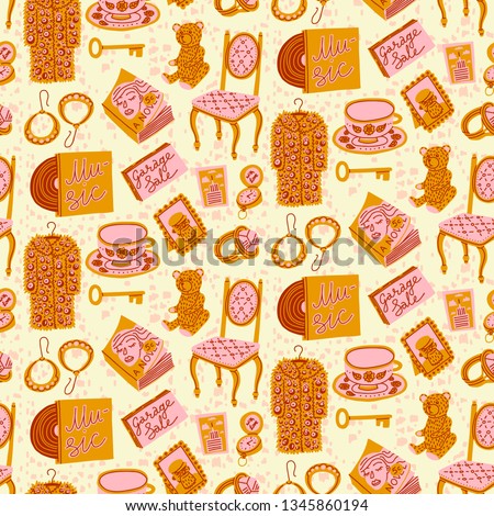 Colorful seamless pattern about vintage and thrift shopping. Items sold at flea markets and garage sales. Hand-drawn cartoon style. Warm colors. Use as web background, fabric print, branding element.
