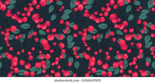 Colorido patrón sin fisuras con ramas artísticas abstractas con formas rojas bayas, ramas de hojas verdes. Enebro estilizado, madera de caja, viburnum, barbacoa de madera de perro. Vector dibujado a mano. Collage para diseños