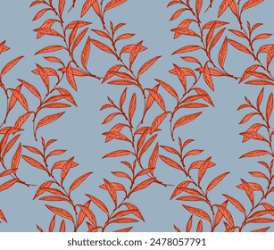 Colorful seamless pattern with abstract artistic orange branches leaves on a blue background. Vector hand drawing. Creative botanical tropical printing. Template for designs, textiles, fashion