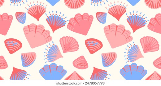 Patrón colorido sin costuras con Formas artísticas abstractas conchas de mar. Impresión marina creativa del verano en un fondo ligero. Vector dibujo a mano.Plantilla para diseños, cubierta del cuaderno, papel de embalaje