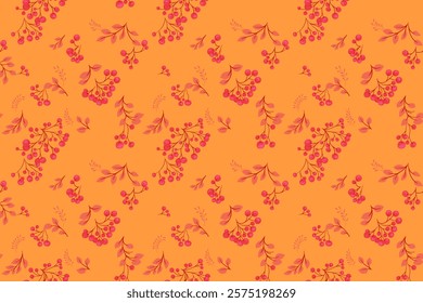 Colorful seamless pattern with abstract artistic berries on a branches leaves on a yellow background. Stylized juniper, boxwood, viburnum, dogwood barberry print. Botanical illustration ornament 
