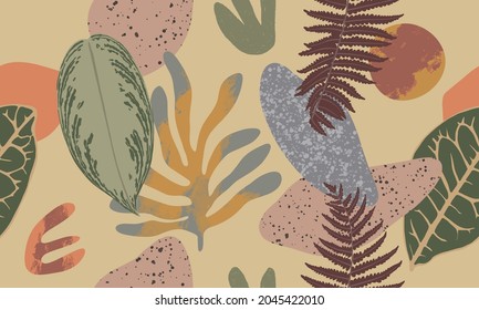 Patrón colorido y transparente. Ilustración botánica abstracta en estilo de collage. Fondo moderno. Ideal para el diseño textil, papel pintado, decoración de pared, papel envolvente, etc.