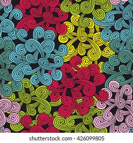 Colorful seamless pattern with abstract design elements. Vector illustration in doodle stile.