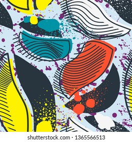 Colorful seamless pattern with abstract elements, shapes elements, wave lines, dots. Design for wallpaper, textile and prints. Vector.