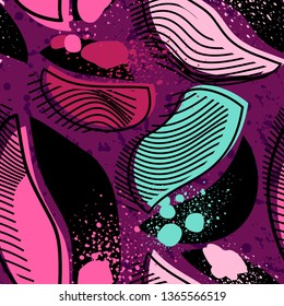 Colorful seamless pattern with abstract elements, shapes elements, wave lines, dots. Design for wallpaper, textile and prints. Vector.