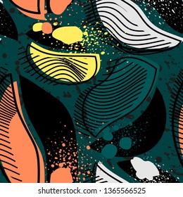 Colorful seamless pattern with abstract elements, shapes elements, wave lines, dots. Design for wallpaper, textile and prints. Vector.