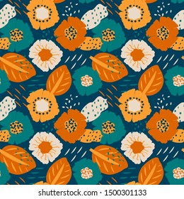 Colorful seamless pattern with abstract floral motif, vector. Seamless textile design with bright colorful flowers. Good for products for kids, covers, print on fabric, wallpaper and more