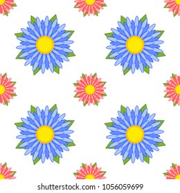 Colorful seamless pattern of abstract flowers on a white background. Simple flat vector illustration. For the design of paper wallpaper, fabric, wrapping paper, covers, web sites.