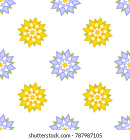 Colorful seamless pattern of abstract flowers on a white background. Simple flat vector illustration. For the design of paper wallpaper, fabric, wrapping paper, covers, web sites.