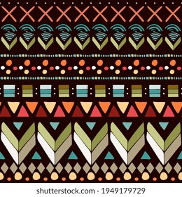 Colorful seamless pattern with abstract geometric ornament on black background. Print for fabric, textile. 