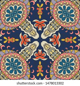 Colorful seamless pattern, abstract graphic background with repeating texture. Hand drawn ethnic mandala ornament for textile fabric or paper print. Decorative design for scarf, shawl, hijab