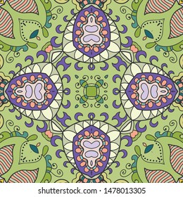 Colorful seamless pattern, abstract graphic background with repeating texture. Hand drawn ethnic mandala ornament for textile fabric or paper print. Decorative design for scarf, shawl, hijab