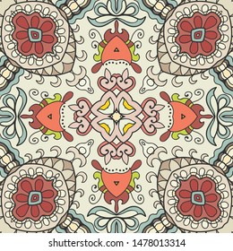 Colorful seamless pattern, abstract graphic background with repeating texture. Hand drawn ethnic mandala ornament for textile fabric or paper print. Decorative design for scarf, shawl, hijab