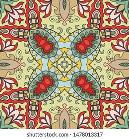 Colorful seamless pattern, abstract graphic background with repeating texture. Hand drawn ethnic mandala ornament for textile fabric or paper print. Decorative design for scarf, shawl, hijab
